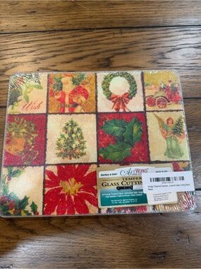 Holiday Glass Cutting Board - Red, Green & Cream Festive Patchwork